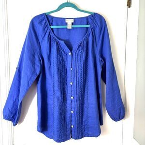Soft Surroundings M 100% linen blue boho blouse